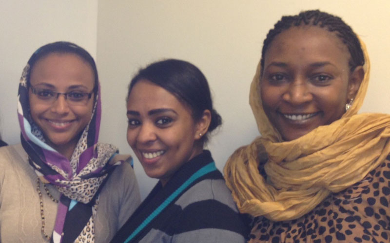 Atlas Corps fellows (L to R) Neimat Abubaker-Abas, May Abd Elnasir, and Zuhal Ahmed Fadl met with Oxfam America and Publish What You Fund to talk about gender and aid transparency in Sudan in October.