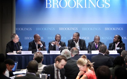 "Transformative Wealth, Transforming Economies?" panelists: (L to R) Ian Gary of Oxfam America, Adriano Nuvunga of Mozambique, Mohammed Amin Adam of Ghana, Dr. Prosper Ngowi of Tanzania, Godber Tumushabe of Uganda, and Charles Wanguhu of Kenya. Photo: Sharon Farmer / sfphotoworks