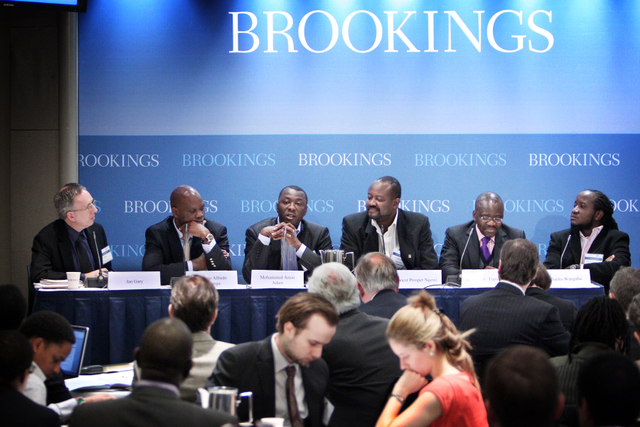 "Transformative Wealth, Transforming Economies?" panelists: (L to R) Ian Gary of Oxfam America, Adriano Nuvunga of Mozambique, Mohammed Amin Adam of Ghana, Dr. Prosper Ngowi of Tanzania, Godber Tumushabe of Uganda, and Charles Wanguhu of Kenya. Photo: Sharon Farmer / sfphotoworks
