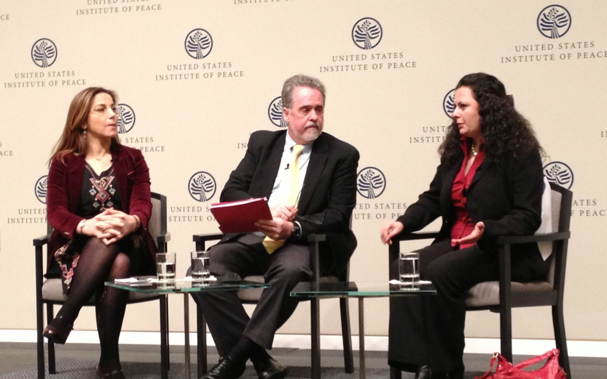 (L to R) Dr. Rim Turkmani, president and founder of Madani, Ray Offenheiser, president of Oxfam America, and Rajaa Altalli, co-founder and co-director of the Center for Civil Society and Democracy in Syria at the US Institute of Peace on March 12th, 2014.