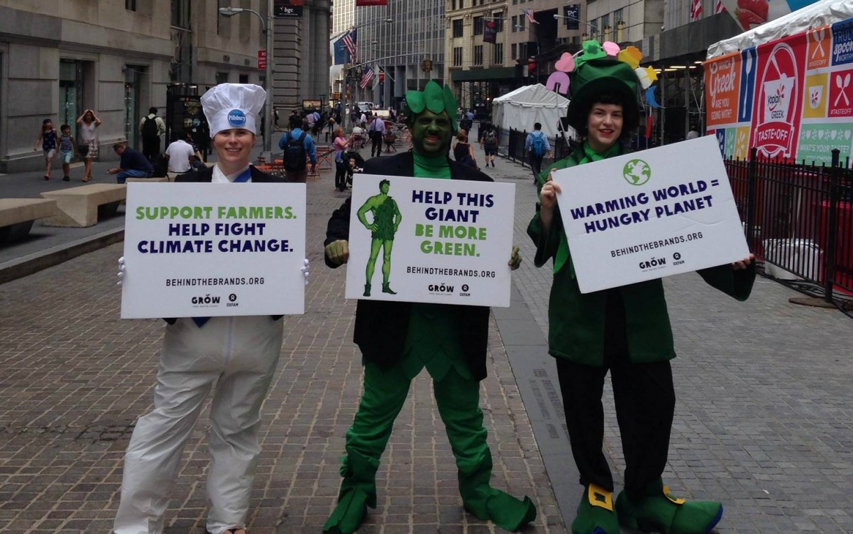 As General Mills was about to ring the opening bell at the New York Stock Exchange earlier this month, Oxfam was outside, urging the company behind Pillsbury, Green Giant, Lucky Charms, and more to #ActOnClimate. Photo: Vasia Markides / Oxfam America